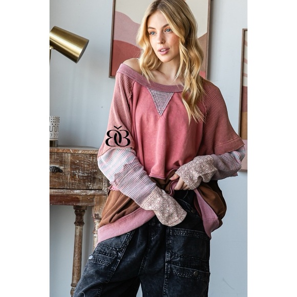 Oli & Hali Raspberry Mixed Fabric Washed Oversized Pullover - Picture 8 of 8